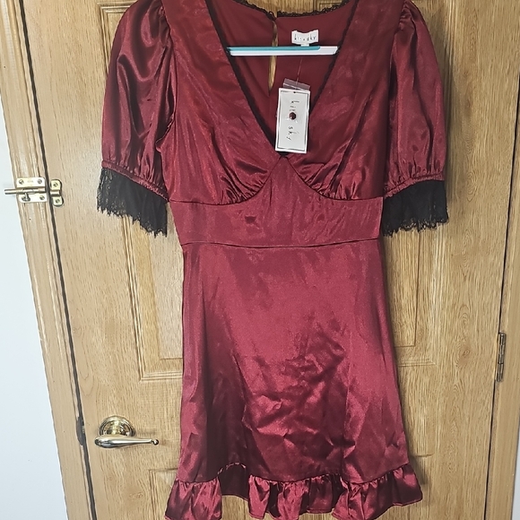 kit + Sky Dresses & Skirts - Elegant Burgundy Satin Dress with Black Lace by Abrand